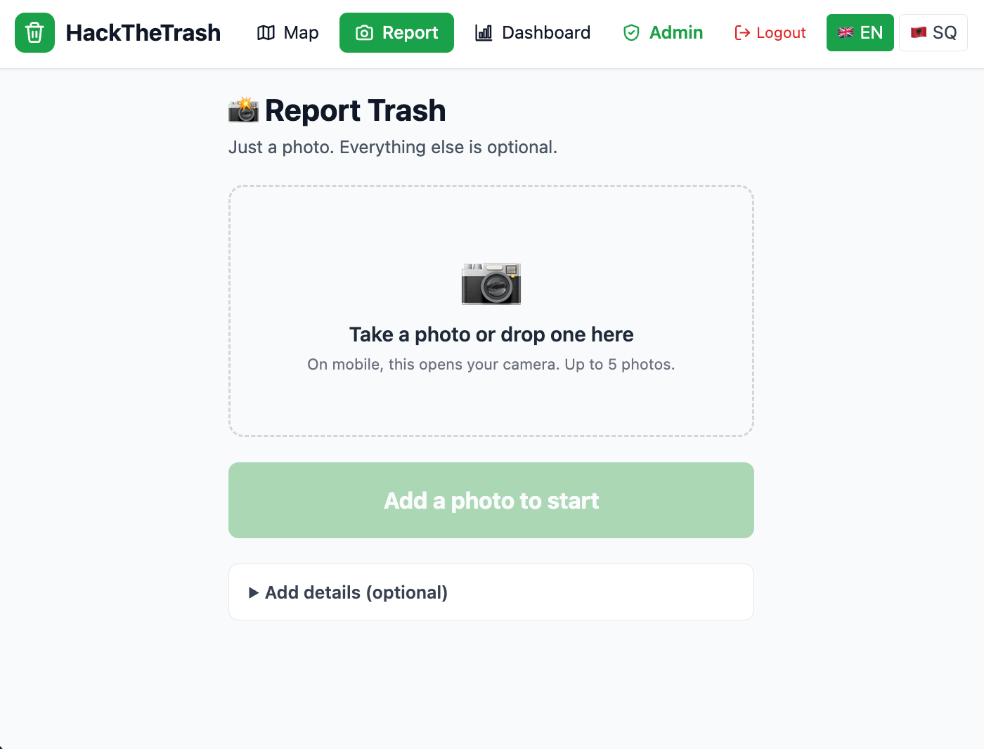 HackTheTrash citizen reporting app — photo-first report screen